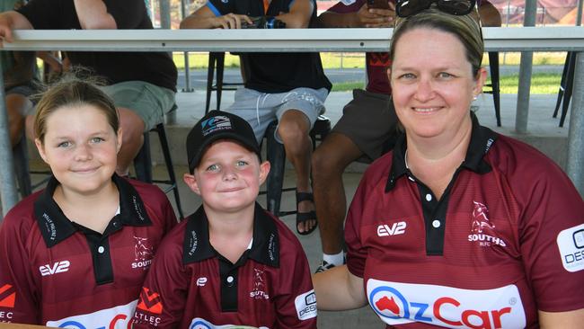 Round 1 of Rugby League Townsville and District clash between Brothers and Souths Bulls at Jack Manski Oval on April 1, 2023. Barbara Anderson with Tori, 10, and Nash Winkleman, 7. Picture: Evan Morgan