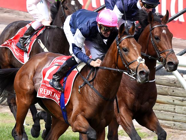 Corey Brown (pink cap) and Rekindling overtake Johannes Vermeer to win the famous race. Picture: Nicole Garmston