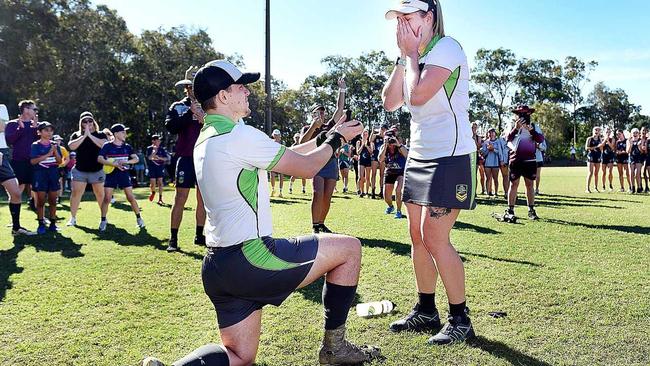 SHE SAID YES: Referee Matt Butler proposed to girlfriend and fellow referee Danielle Nunn after their game at the Queensland Touch Junior State Cup. Picture: Alistair Brightman