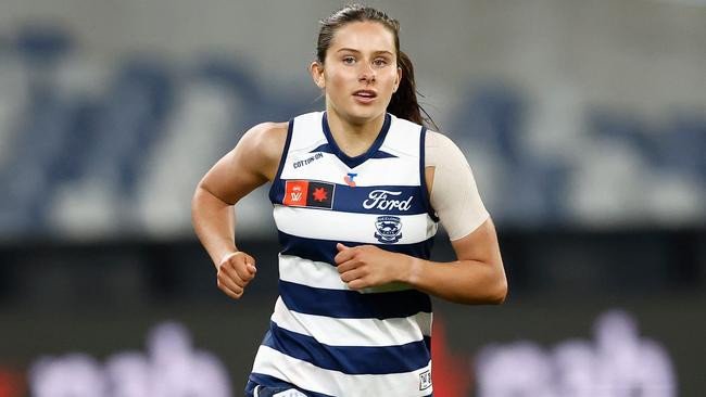 Geelong’s Bryde O'Rourke played three quarters of her debut with her shoulder strapped. Picture: Michael Willson/AFL Photos via Getty Images