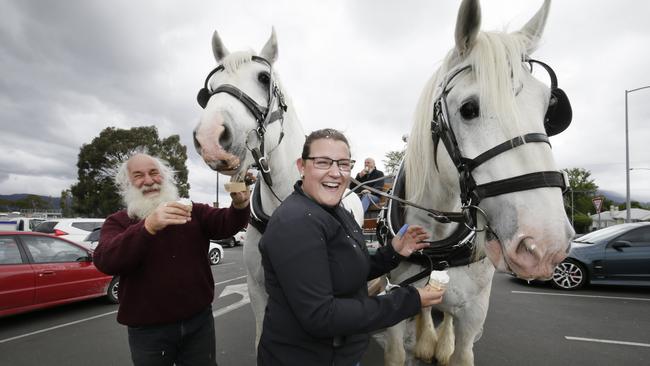 DVG Horse Wrangler and friend of Lex Clark, Joe Jetson of Chigwell (left) and another of Lex's friends, Dannielle Goldsmith give Shire horses Max (left) and Sparky an ice cream each at McDonalds in New Norfolk.