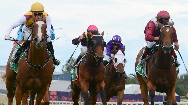 Minjee (right) could prove to be bargain buy for trainer Rob Heathcote and Glenlogan Park’s Steve Morley after scoring a big win at Doomben. Picture: Trackside Photography