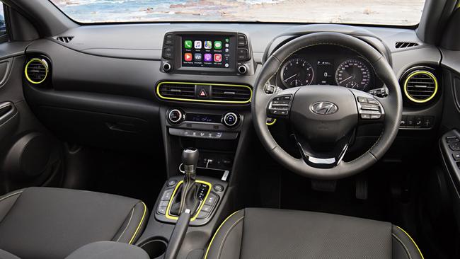 The Hyundai Kona’s interior looks fancy in photos, but some of the materials look and feel cheap once you’re behind the wheel. Picture: Supplied.