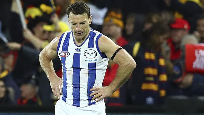 Brent Harvey after North Melbourne’s loss to Adelaide. Picture: Sarah Reed