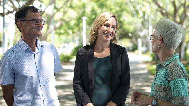 Former Greens candidate for Leichardt Philip Musumeci with Queensland Greens senators Larissa Waters and Penny Allman-Payne on the Cairns Esplanade during the 2022 federal election campaign. Picture Emily Barker