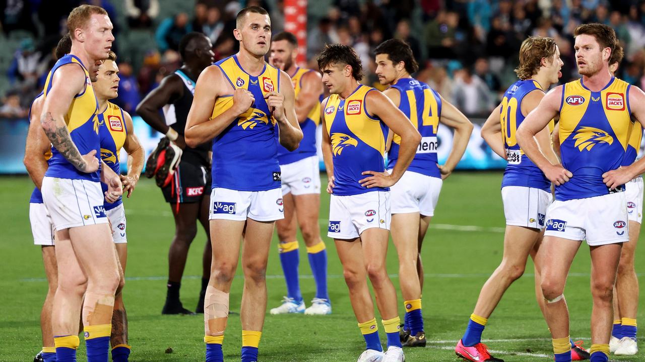 The Eagles after their loss to the Port Adelaide Power. Picture: James Elsby