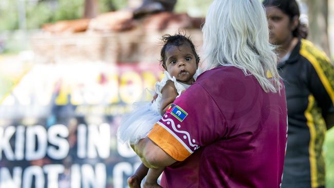 Sabella Turner from the Strong Grandmothers Group of Central Australia holds her two-month-old granddaughter, Shaznaya Williams, in Alice Springs on Thursday. Picture: Mark Brake