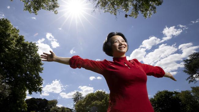 Journalist Cheng Lei enjoys the sunlight she barely ever saw during three years of detention in China, after her return to Melbourne. Picture: Arsineh Houspian