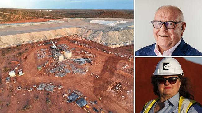 Clockwise from top right: Liontown Resources chairman Tim Goyder, major shareholder Gina Rinehart and Liontown’s Kathleen Valley project in WA.