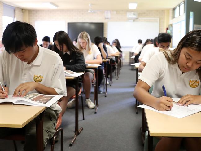 St Marys Senior High School students during the first day of the HSC exams. Picture: Jonathan Ng