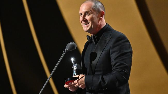 SYDNEY, AUSTRALIA - AUGUST 18: Larry Emdur accepts the Bert Newton Award for Most Popular Presenter at the 64th TV WEEK Logie Awards at The Star on August 18, 2024 in Sydney, Australia. (Photo by James Gourley/Getty Images for TV WEEK Logie Awards)