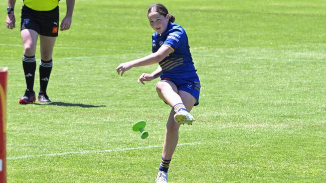 Alleya Scrivens kicks for goal. Picture: Martin Ollman. NSWRL Junior Reps 2025 Round 1. Tarsha Gale Cup - Canberra Raiders vs Parramatta Eels at Belconnen, 1 February 2025