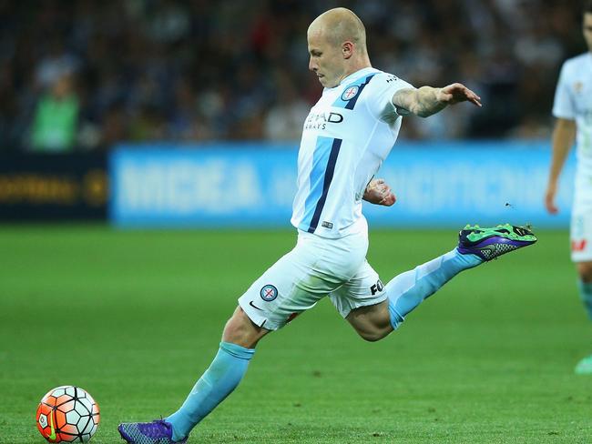 Aaron Mooy in action during Saturday night’s Melbourne derby. Picture: Getty