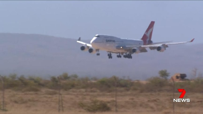 Qantas flight carrying Australian evacuees from coronavirus-hit Wuhan touches down in Learmonth. Picture: 7 News