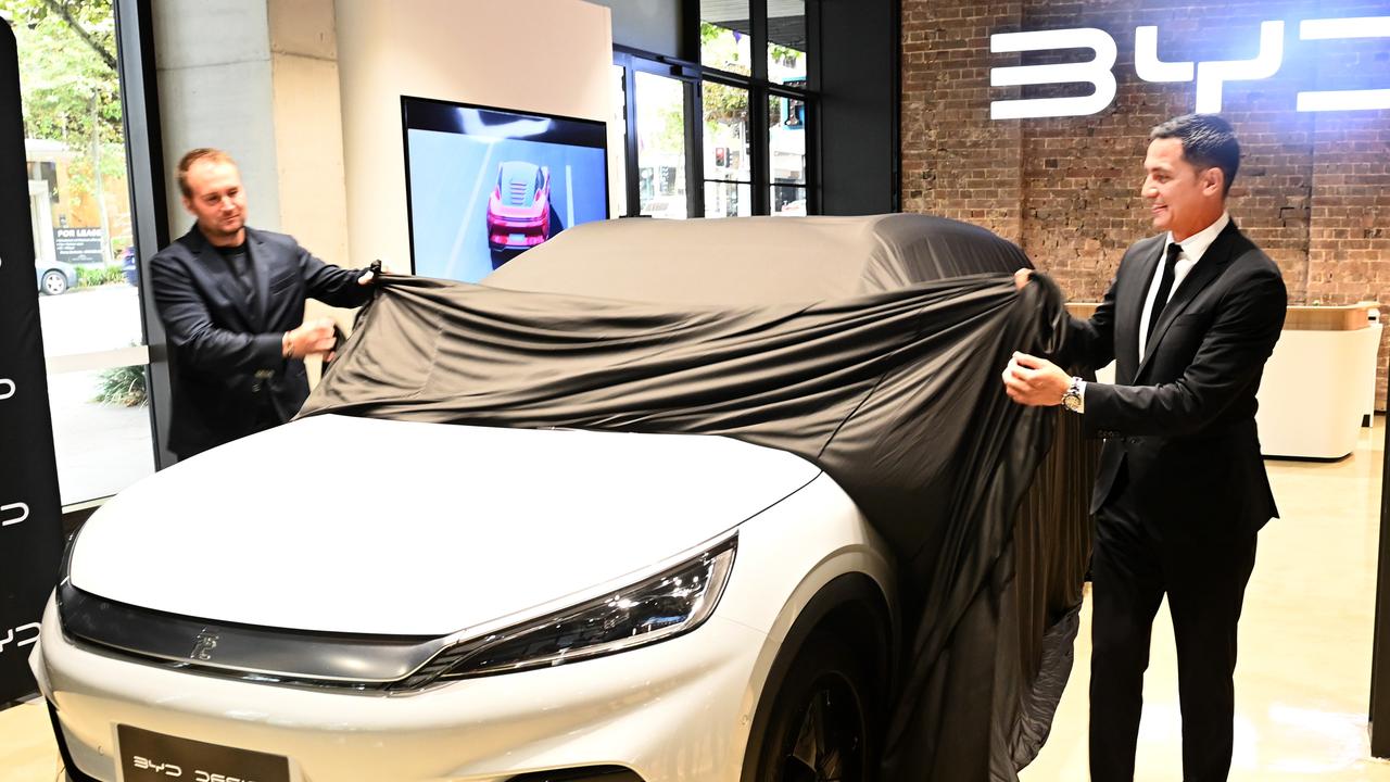 Soccer star Tim Cahill unveils the new BYD electric vehicles in Sydney. Picture: NCA NewsWire/Jeremy Piper