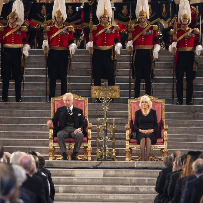 King Charles III and Camilla, Queen Consort take part in an address in Westminster Hall in London on Monday night. Picture: Getty Images