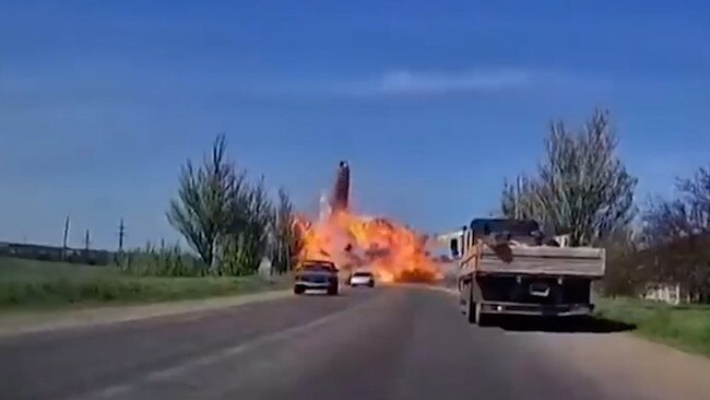 Dramatic new videos show Russian tanks blown up in Ukraine. Picture: Phoenix TV