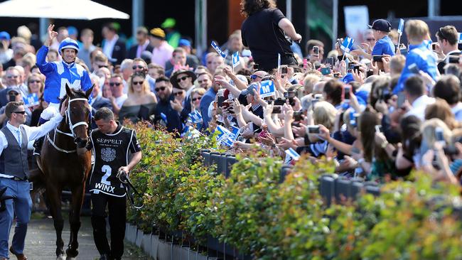 A huge crowd cheers in Winx at Flemington. Picture: Alex Coppel