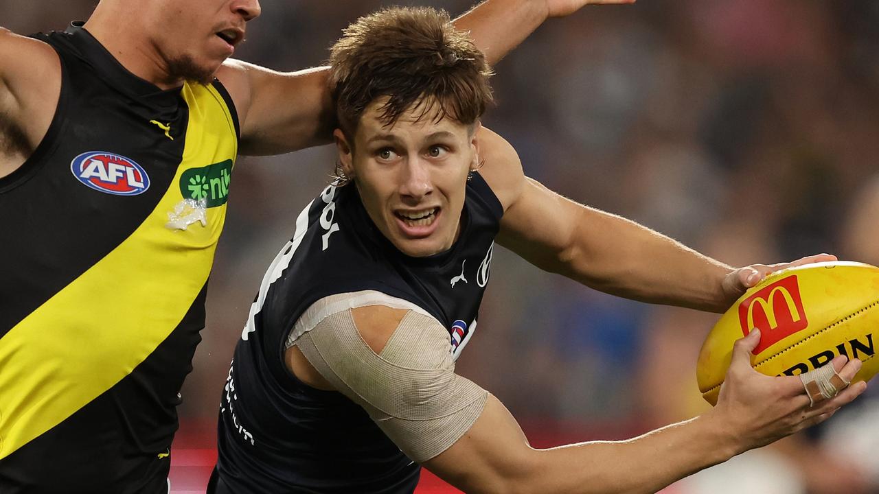 Unheralded Carlton forward Lachie Fogarty leads the AFL for tackles inside forward 50 this season. Picture: Robert Cianflone / Getty Images