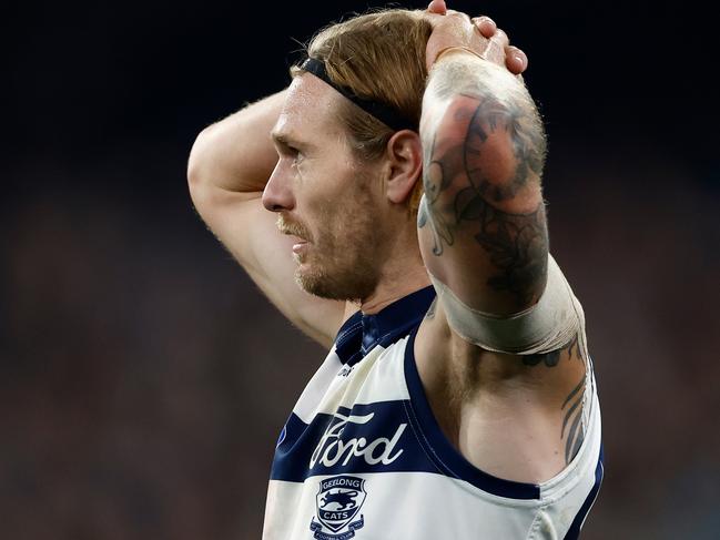 MELBOURNE, AUSTRALIA - JULY 12: Tom Stewart of the Cats looks on during the 2024 AFL Round 18 match between the Collingwood Magpies and the Geelong Cats at Melbourne Cricket Ground on July 12, 2024 in Melbourne, Australia. (Photo by Michael Willson/AFL Photos via Getty Images)