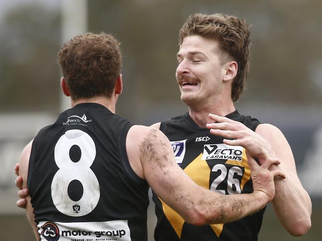 Riley Bice celebrates during Werribee’s preliminary final win this season. Picture: Cameron Grimes/AFL Photos via Getty Images