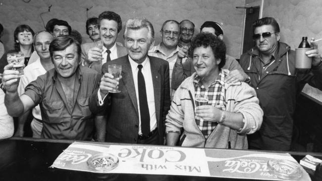 Prime Minister Bob Hawke shouts the bar at the Colac Hotel, Port Adelaide, during an unscheduled stop on his visit to Adelaide, during the 1984 election campaign.