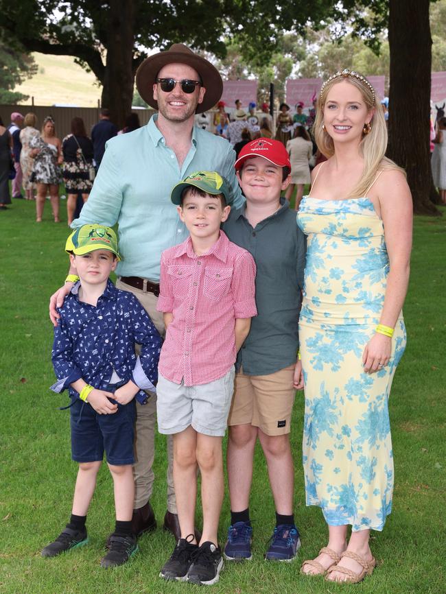 James Gaw, Angus Gaw, Fletcher Gaw, Oliver Gaw and Lisa Leonard attend the Ballarat Cup. Picture: Brendan Beckett