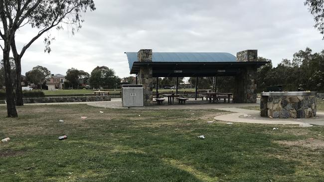 Mess and pre-mixed alcohol cans in the park. Picture: Josh Fagan