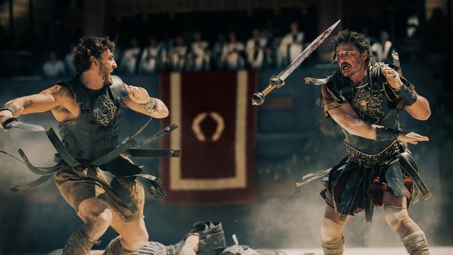 Paul Mescal plays Lucius and Pedro Pascal plays Marcus Acacius in Gladiator II from Paramount Pictures.