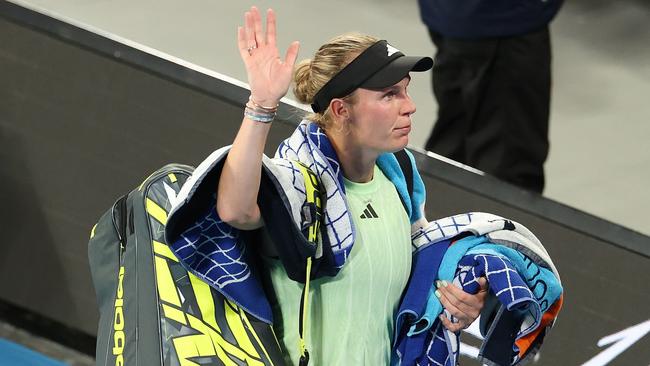 Caroline Wozniacki says farewell to the Australian crowd. Picture: Getty