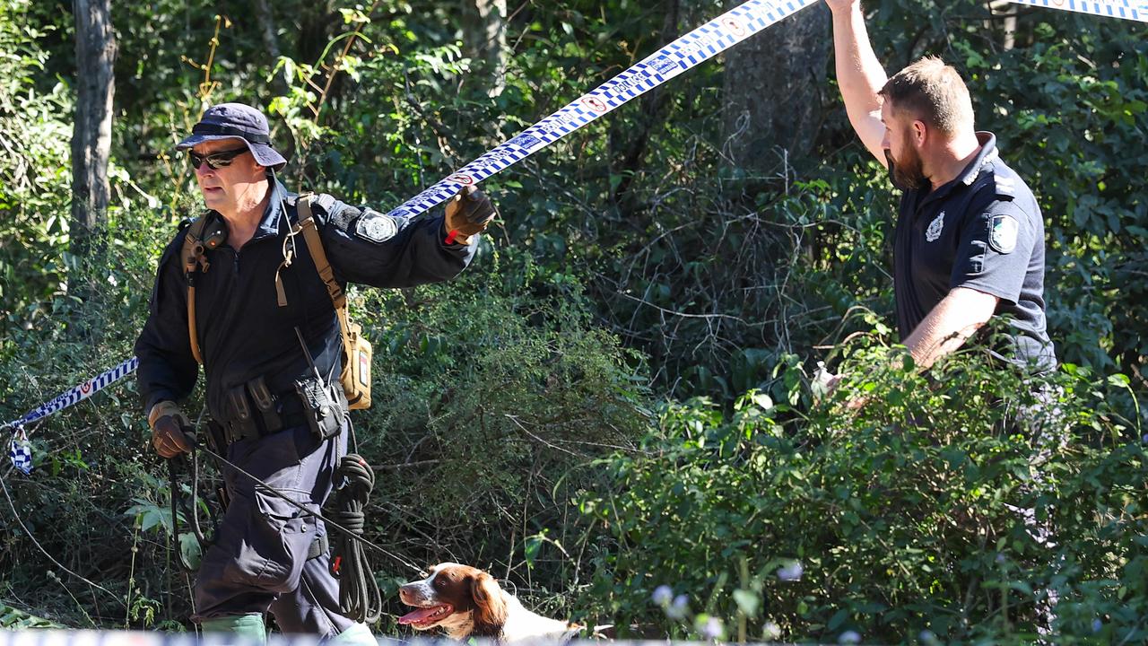 Police with a dog and SES conduct a search in Good Night Scrub National Park looking for the missing 17 year old Pheobe Bishop. Picture: NewsWire / Adam Head