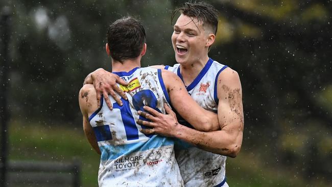 Kilmore players celebrate a goal. Pictures: Nathan McNeill.