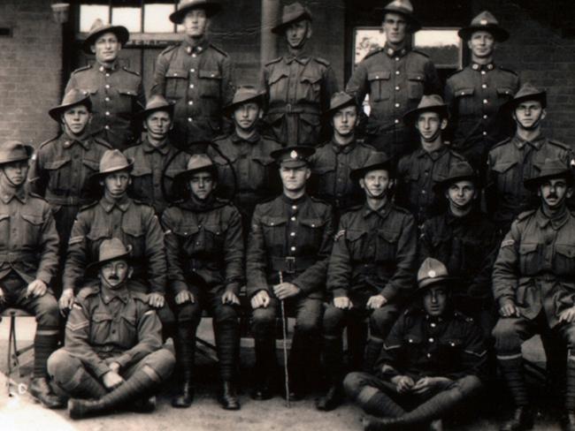 Tasmanian soldier Charles Walter Forster (circled) in England with other Australian and New Zealander soldiers in training. Picture: BARBARA BRIGGS