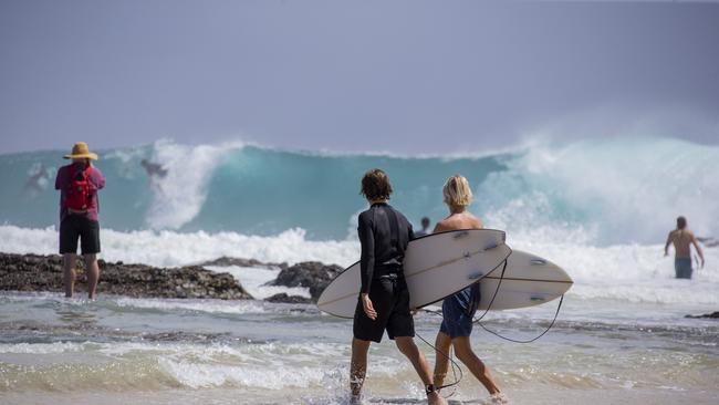 Surfers at Snapper Rocks on Sunday 2 January 2022. Picture: Jerad Williams