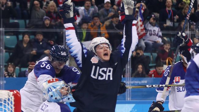 Ryan Donato celebrates after his second goal against Slovakia. Picture: Getty