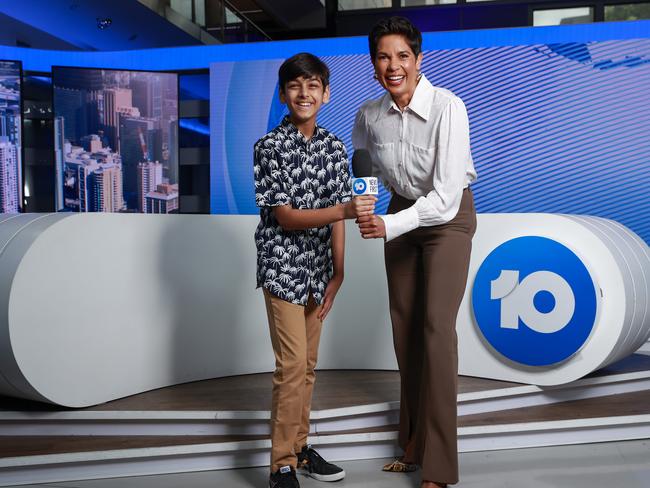 Junior journo Aditya Paul with Studio 10 presenter Narelda Jacobs, at Network 10, in Pyrmont. Picture: Justin Lloyd.