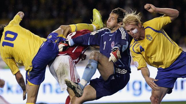 Thomas Sorensen, middle, in the thick of it for Denmark against Sweden’s Zlatan Ibrahimovic, Dane Jesper Gronkjr, and Petter Hansson in 2008.