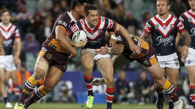 Mitchell Pearce in action for the Roosters during the NRL qualifying final match between Sydney Roosters and Brisbane Broncos at Allianz Stadium.