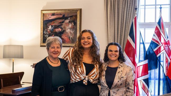 Deadloch star and Gija woman Naarah has won a scholarship that will take her to the UK to study at the elite Royal Academy of Music. (L-R) British High Commissioner Vicky Treadell, Naarah Barnes, and Aurora Education Foundation CEO Leila Smith. Photo: Supplied