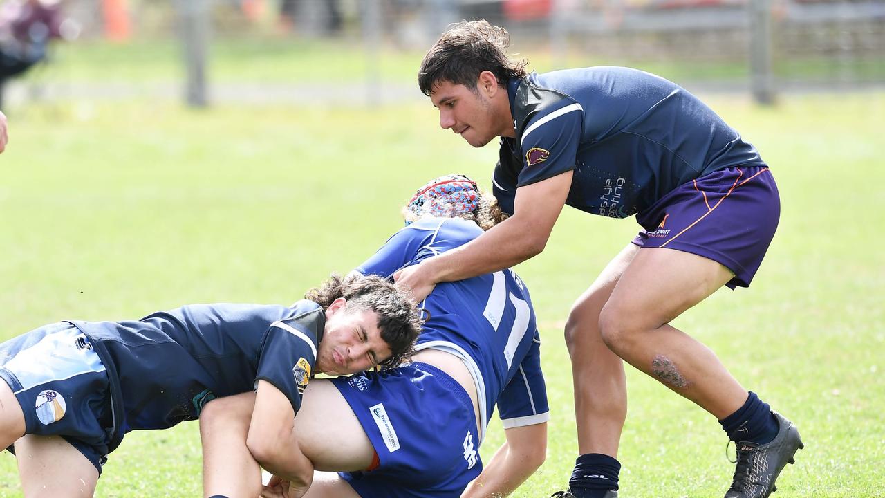 RUGBY LEAGUE: Justin Hodges and Chris Flannery 9s Gala Day. Grand final, Caloundra State High School V Redcliffe State High, year 12. Caloundra's Kayden Humphreys' tackles a Redcliffe player. Picture: Patrick Woods.