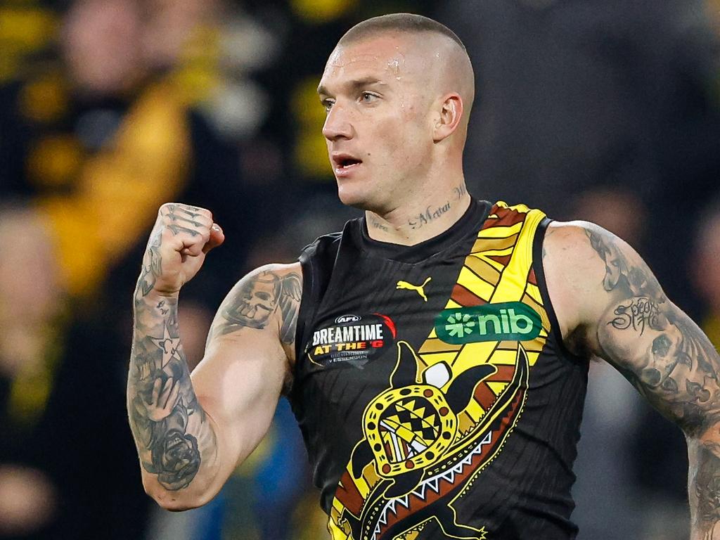 MELBOURNE, AUSTRALIA - MAY 25: Dustin Martin of the Tigers celebrates a goal during the 2024 AFL Round 11 match between the Richmond Tigers and the Essendon Bombers at The Melbourne Cricket Ground on May 25, 2024 in Melbourne, Australia. (Photo by Dylan Burns/AFL Photos via Getty Images)