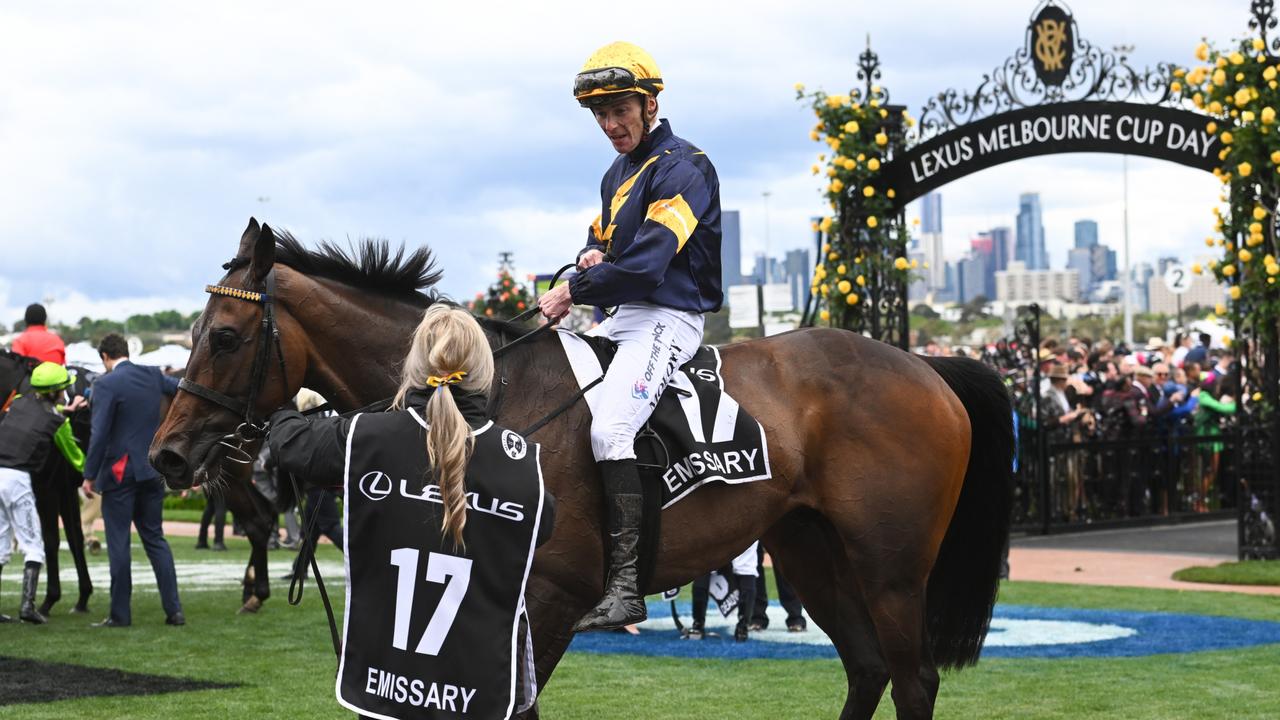 MELBOURNE, AUSTRALIA - NOVEMBER 01: Patrick Moloney riding Emissary after finishing runner up in Race 7, the Lexus Melbourne Cup, during 2022 Lexus Melbourne Cup Day at Flemington Racecourse on November 01, 2022 in Melbourne, Australia. (Photo by Vince Caligiuri/Getty Images)