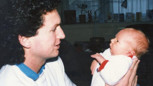 Dr Darren Russell as a new father with late son Bryn, delivered in a water birth at he and girlfriend Janine’s home in Melbourne. Pic supplied.