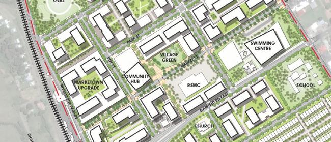 Riverstone master plan showing the streets and areas full of trees.