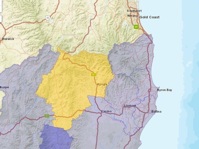 The Kyogle Council region is listed as amber, indicating an interstate exposure venue.