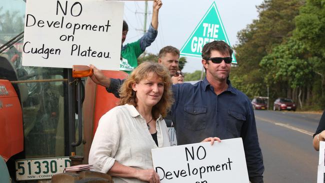 Tweed District Mayor Katie Milne and James Paddon at this mornings protest outside the site of the new Tweed Valley Hospital at Cudgen. Photo Scott Powick