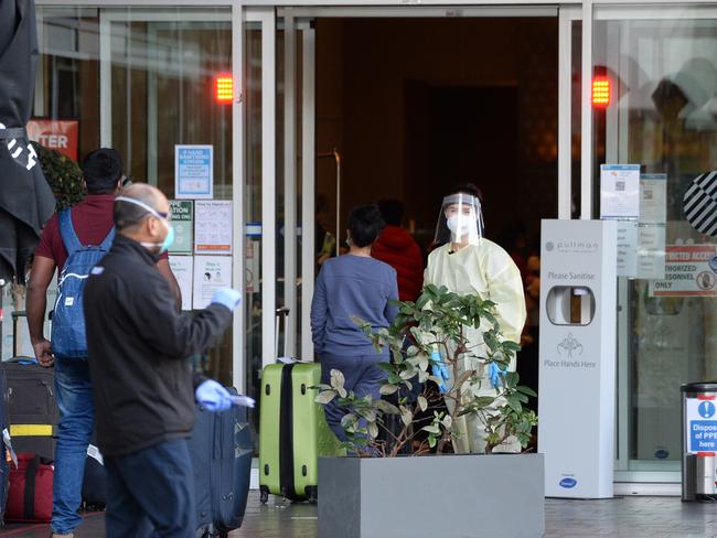 Repatriated Australians, returning from India, arrive at the Pullman medi-hotel in Hindmarsh Square. Picture: Brenton Edwards