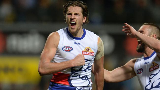 Marcus Bontempelli celebrates a goal against West Coast. Picture: Daniel Wilkins