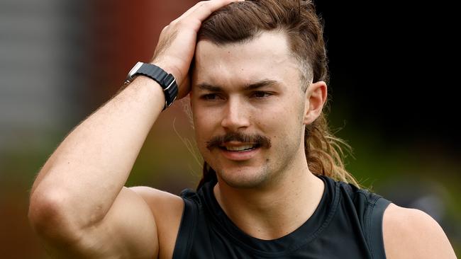 MELBOURNE, AUSTRALIA - JANUARY 22: Sam Draper of the Bombers looks on during the Essendon Bombers training session at the NEC Hangar on January 22, 2024 in Melbourne, Australia. (Photo by Michael Willson/AFL Photos via Getty Images)