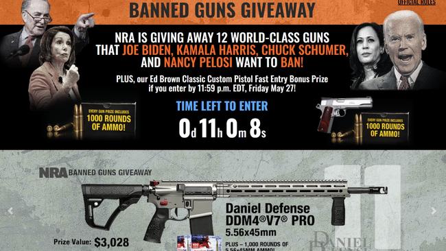 The NRA’s ‘banned guns giveaway’ featured the gun brand and model used by the Uvalde, Texas school shooter. Picture: Twitter